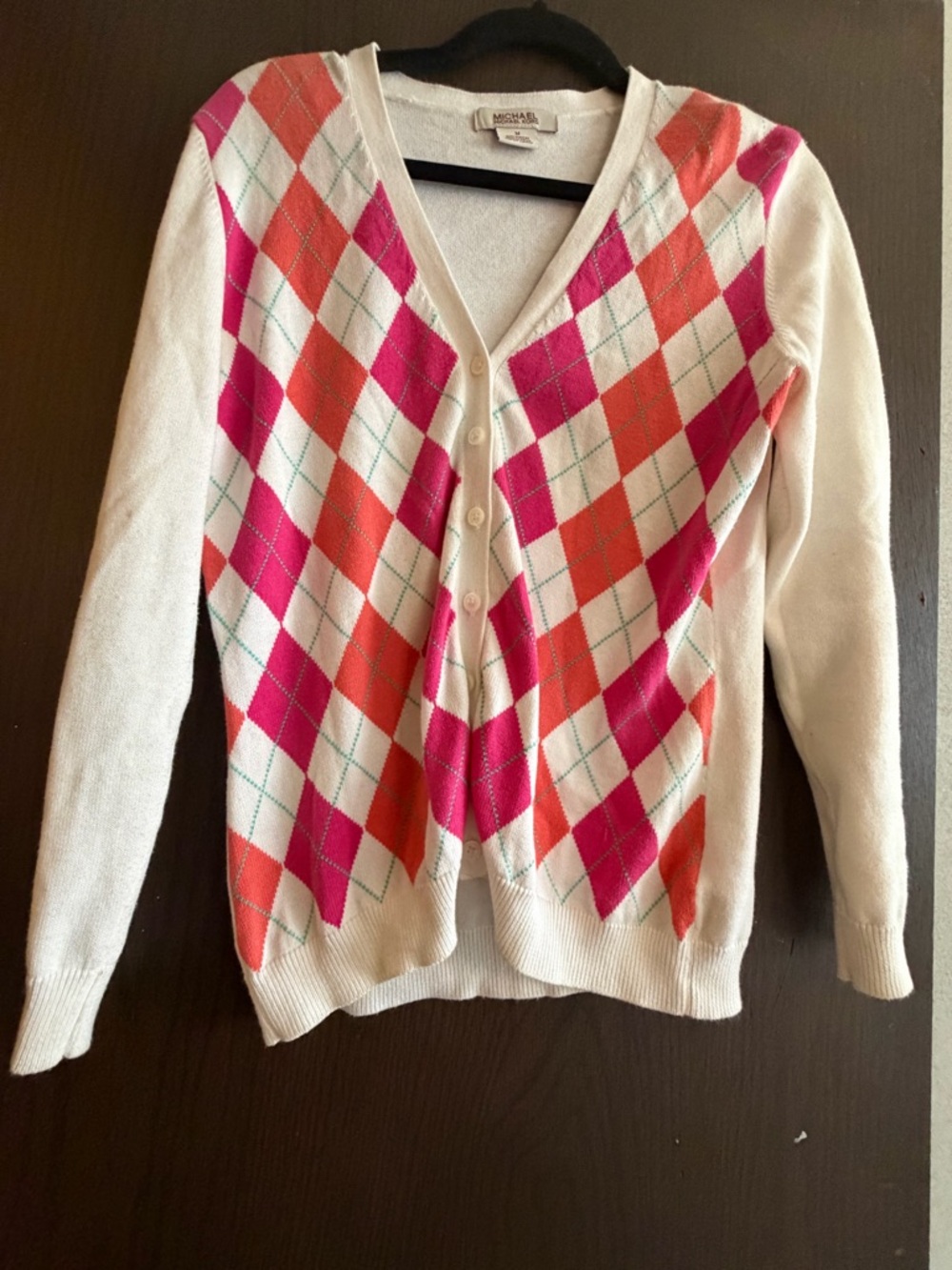 Michael Kors Cream Cardigan with Pink & Orange Argyle